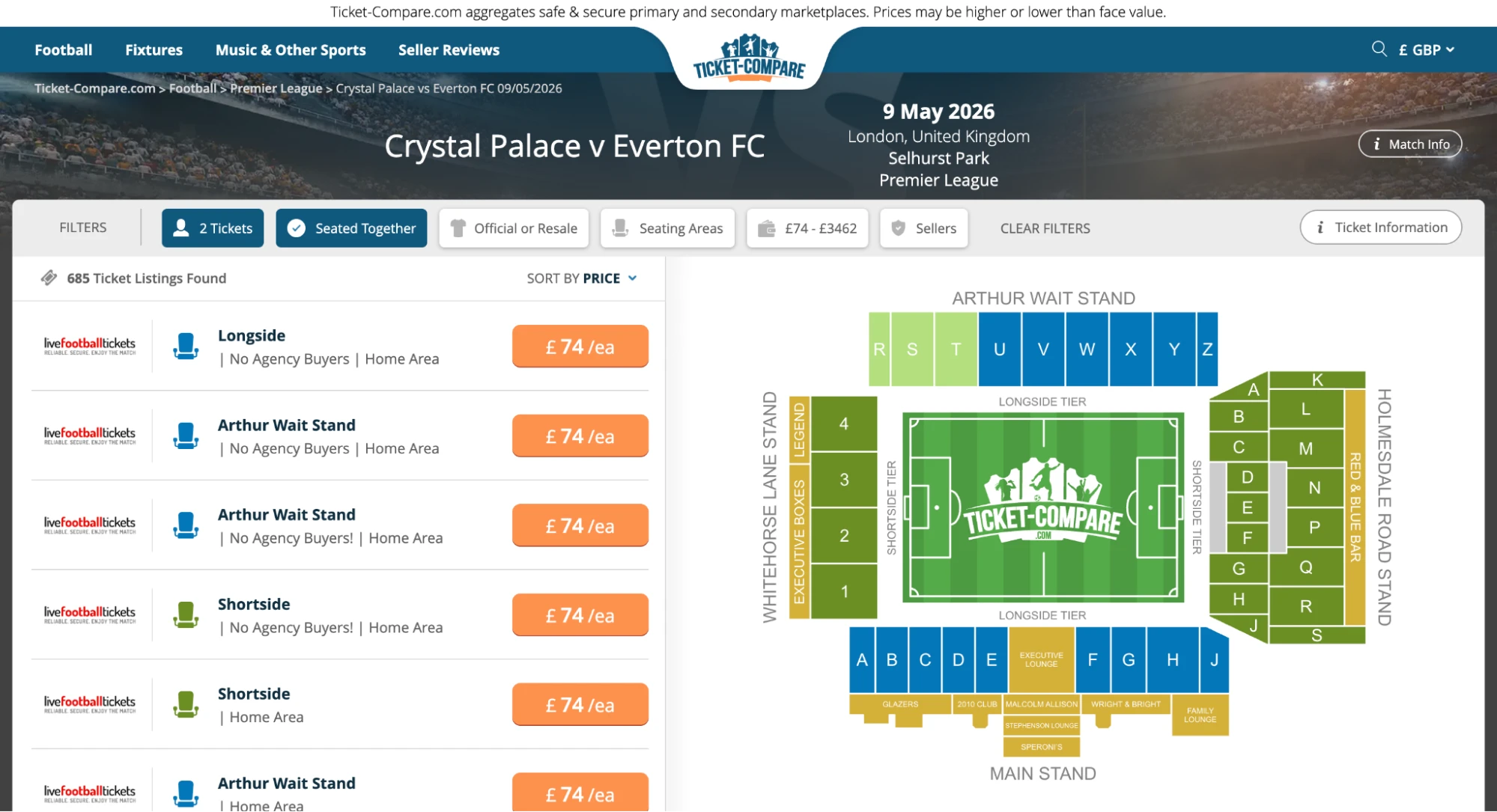 Screenshot Crystal Palace gegen Everton Tickets Übersicht