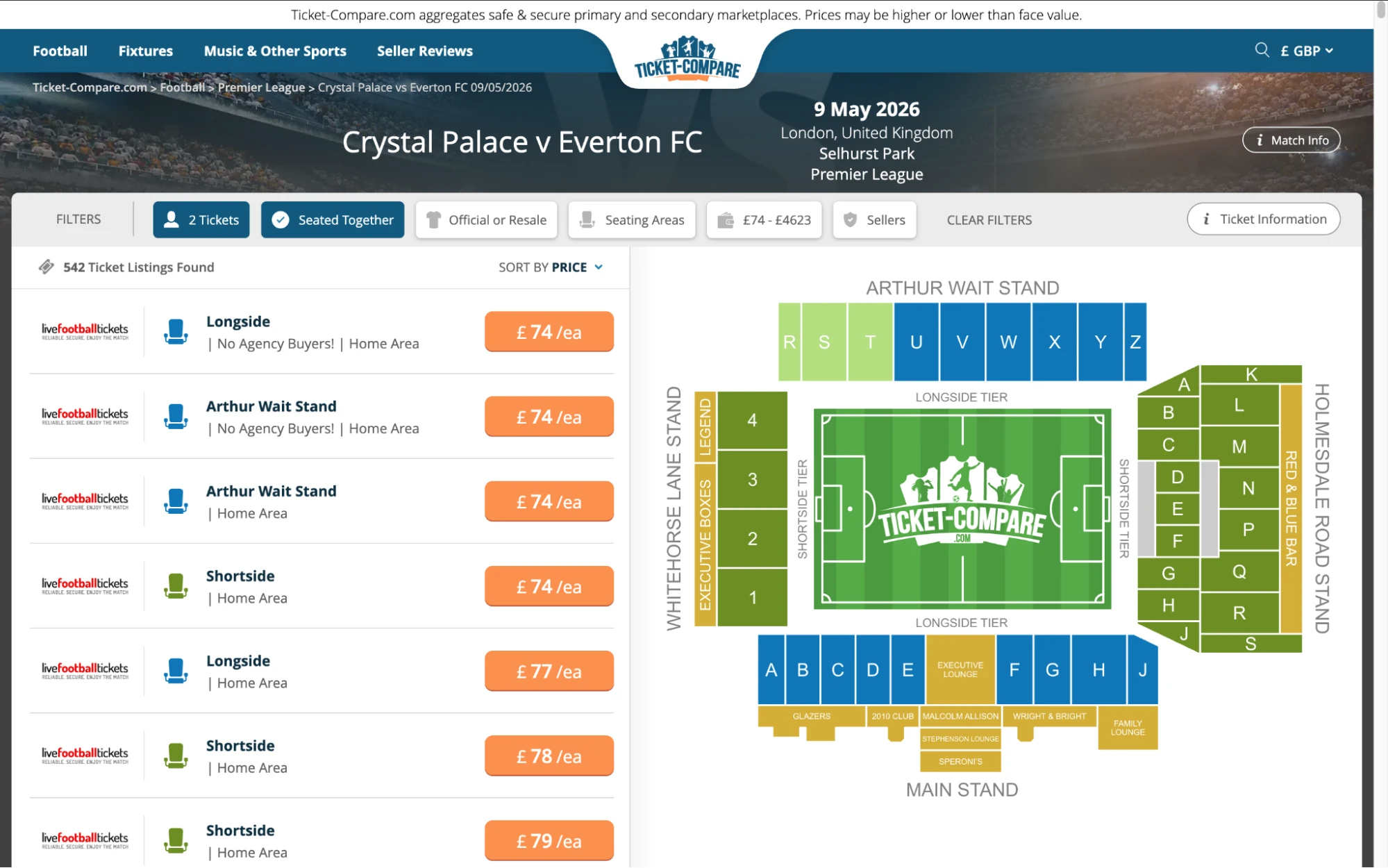 Screenshot of Crystal Palace v Everton FC tickets page on Ticket-Compare.com