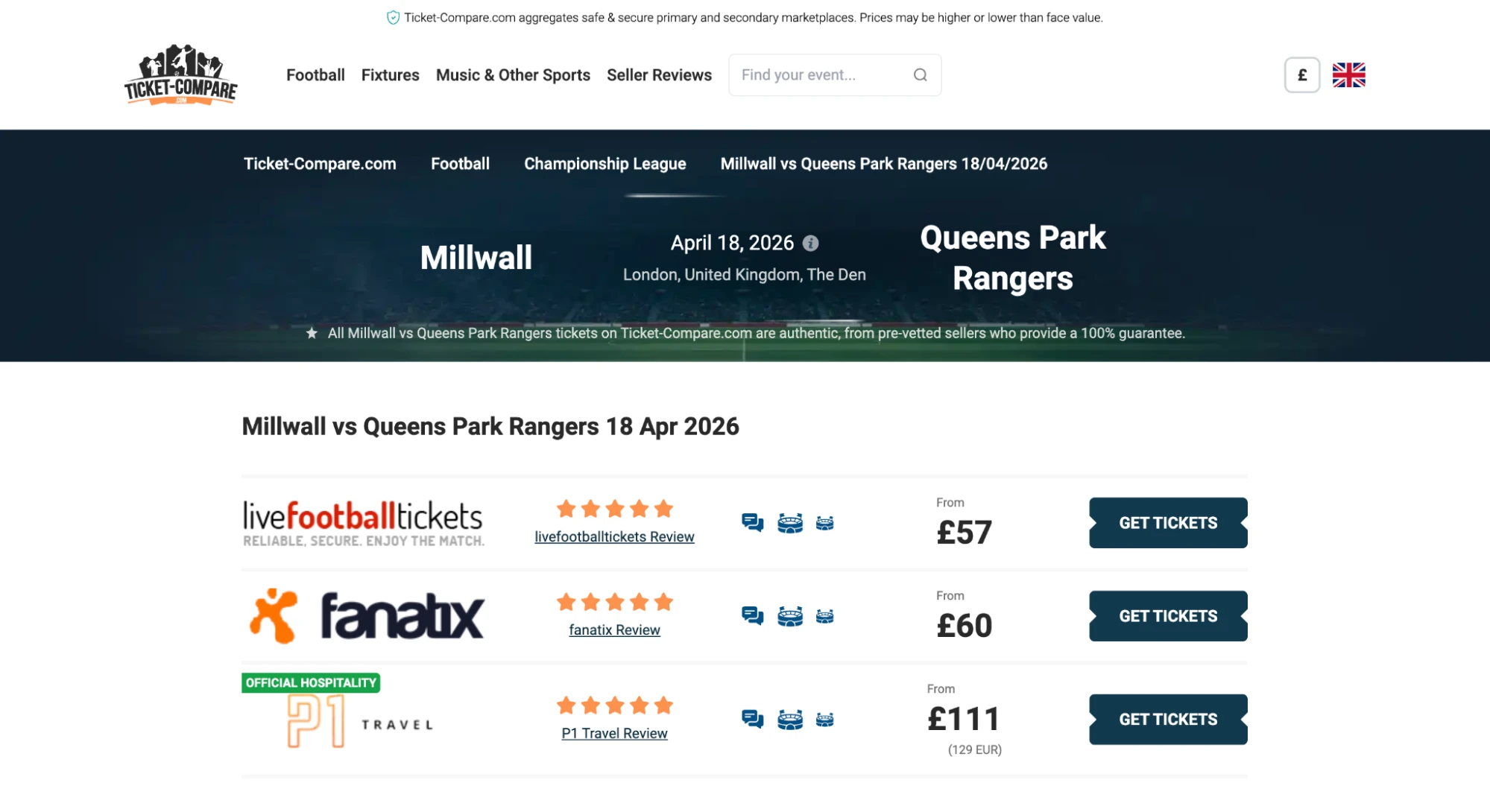Screenshot Millwall v QPR Tickets