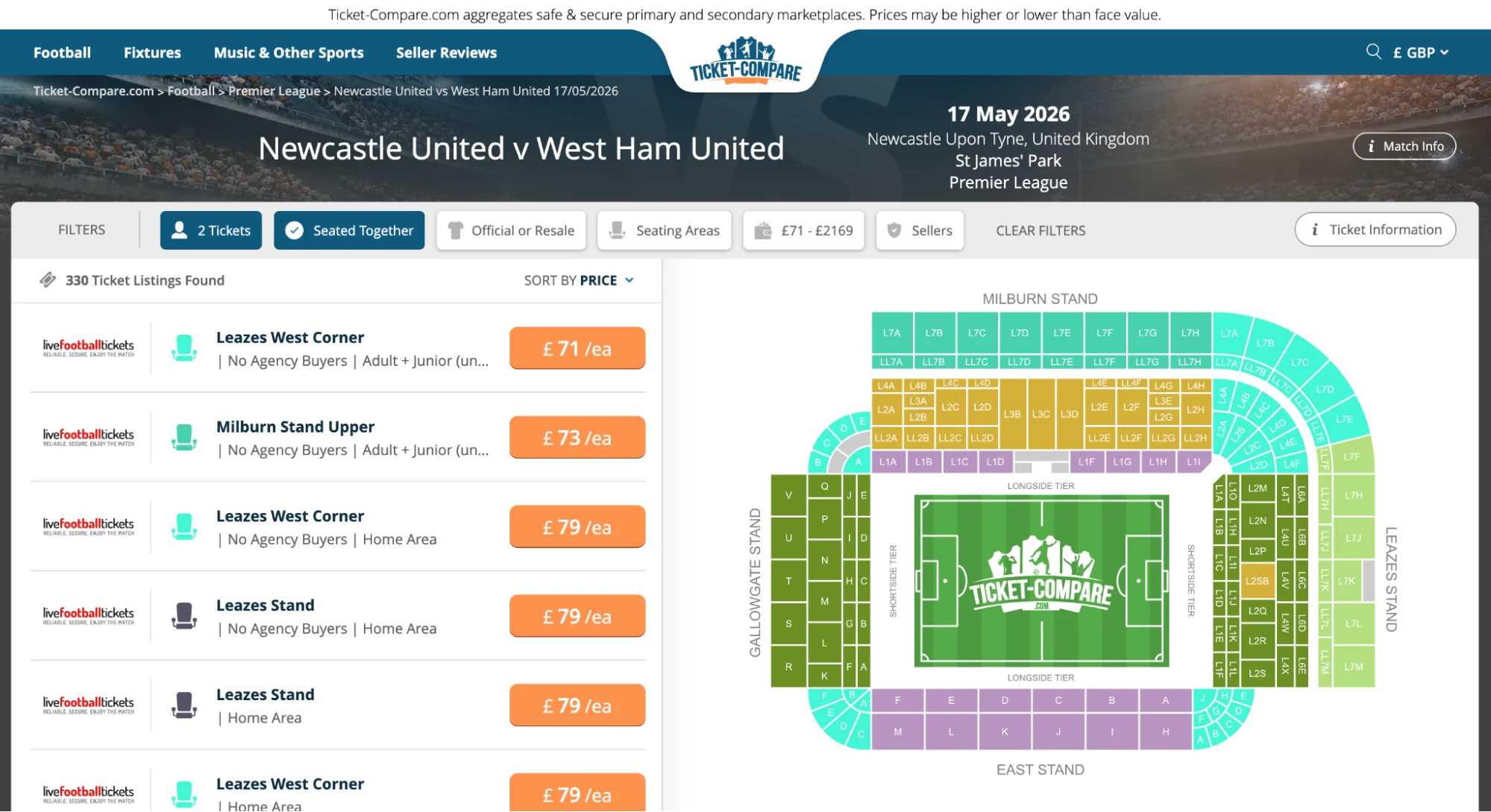 Screenshot Newcastle United vs West Ham United Tickets
