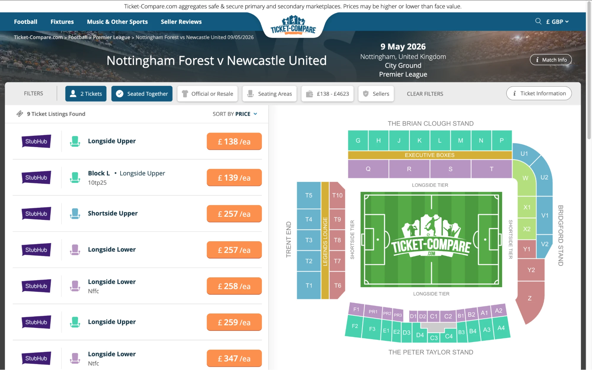 Screenshot Nottingham Forest v Newcastle United Ticketseite