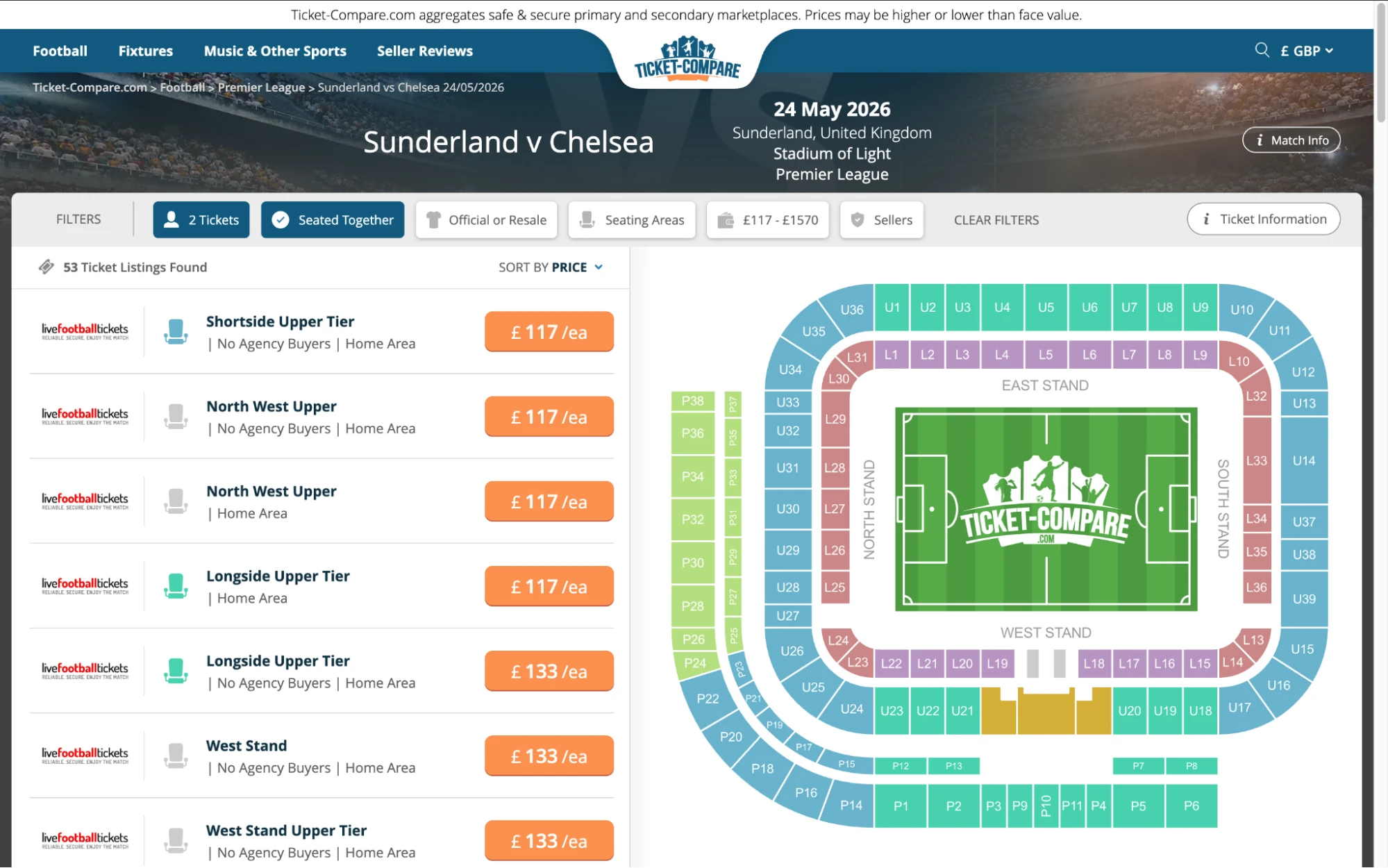 Screenshot Sunderland v Chelsea Tickets
