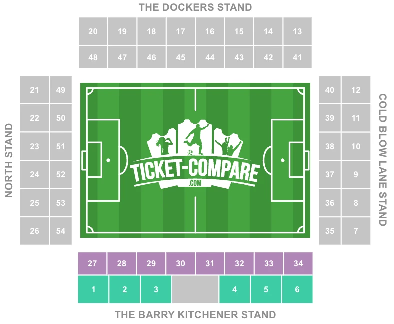 Screenshot des Sitzplans von The Den mit Barry Kitchener Stand hervorgehoben