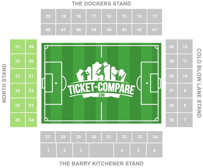 Screenshot Sitzplan von The Den mit North Stand hervorgehoben