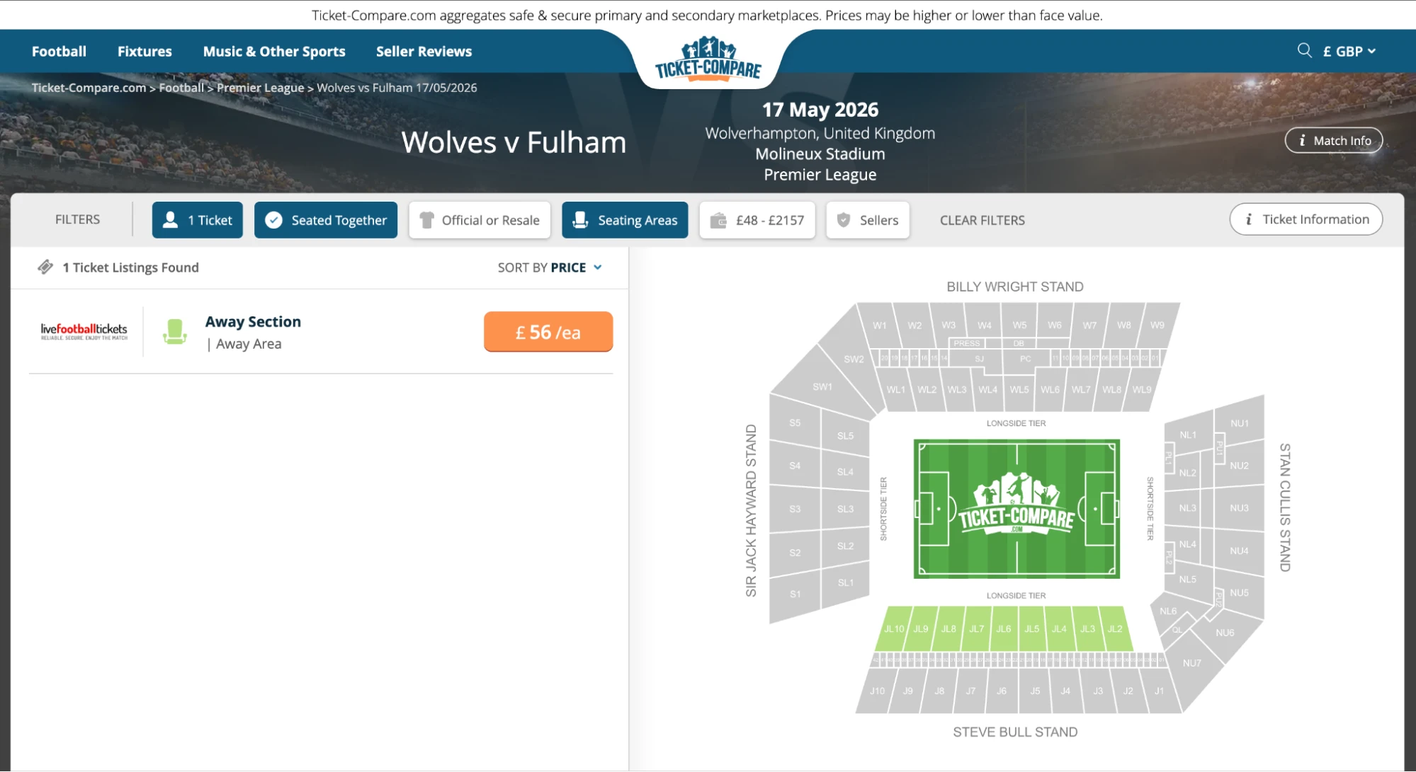 Screenshot Vergleichsportal Fulham Tickets