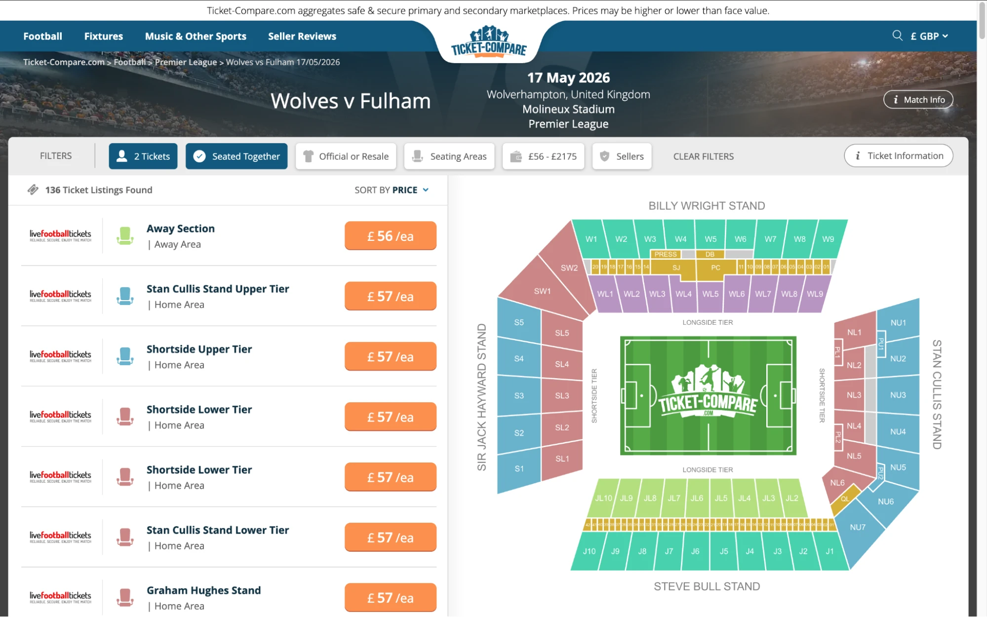Screenshot von Wolves vs Fulham Tickets (Vergleich)