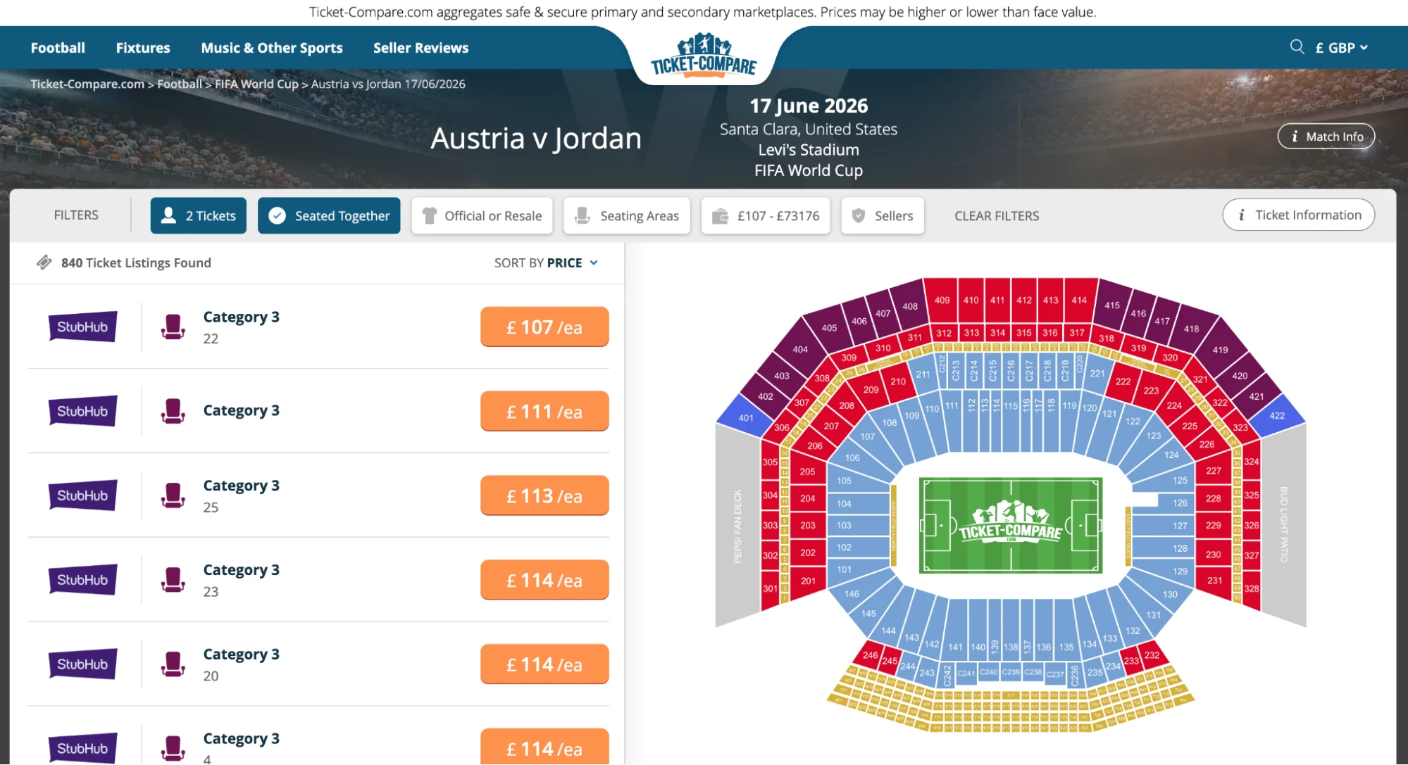 Screenshot der Seite für Austria vs Jordan Tickets