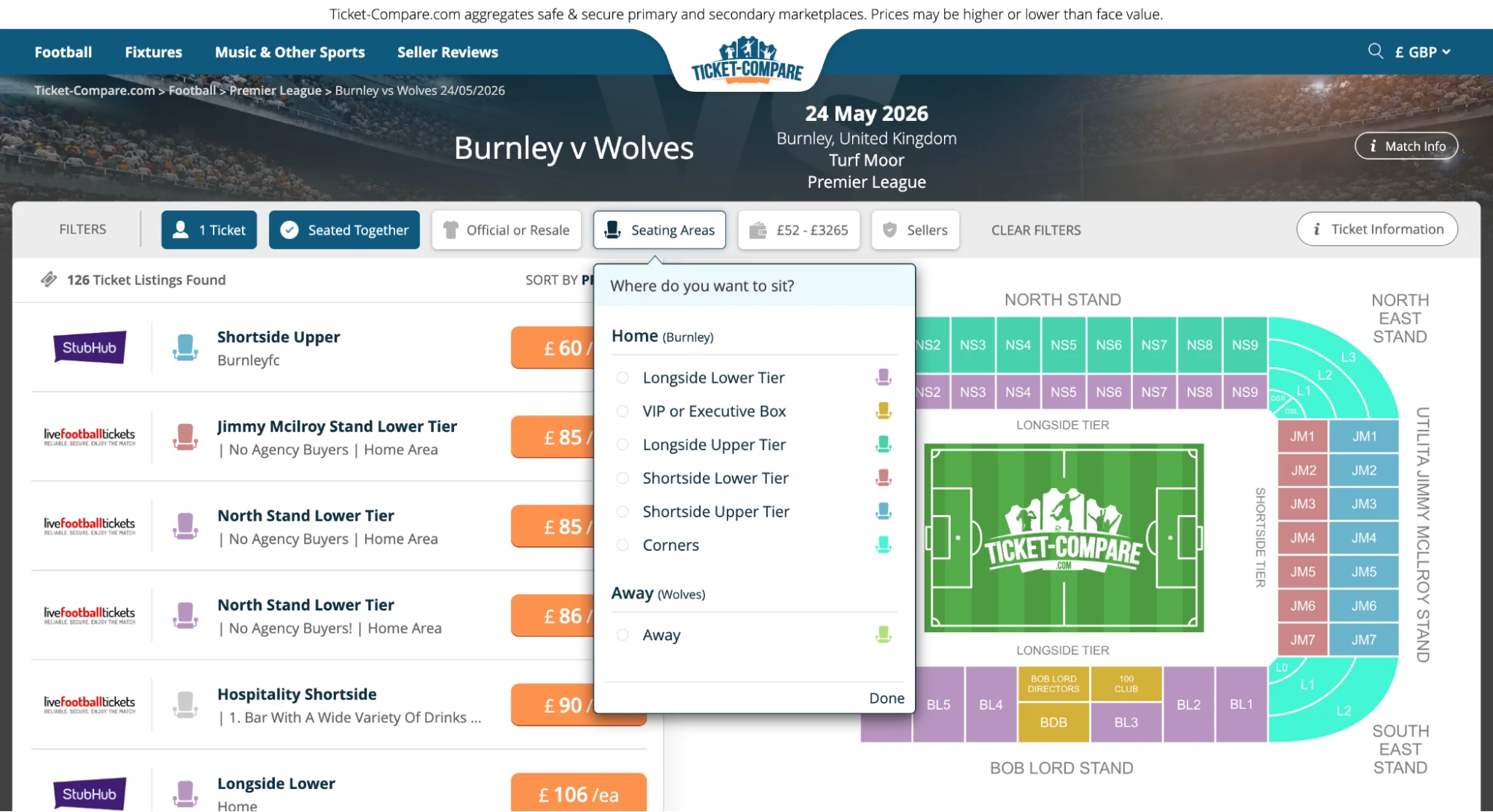 Screenshot von Burnley – Wolves Tickets Seite auf Ticket-Compare.com