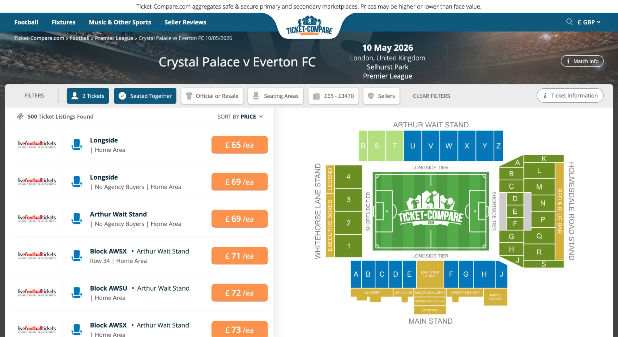 Screenshot of Crystal Palace v Everton FC tickets page on Ticket-Compare.com