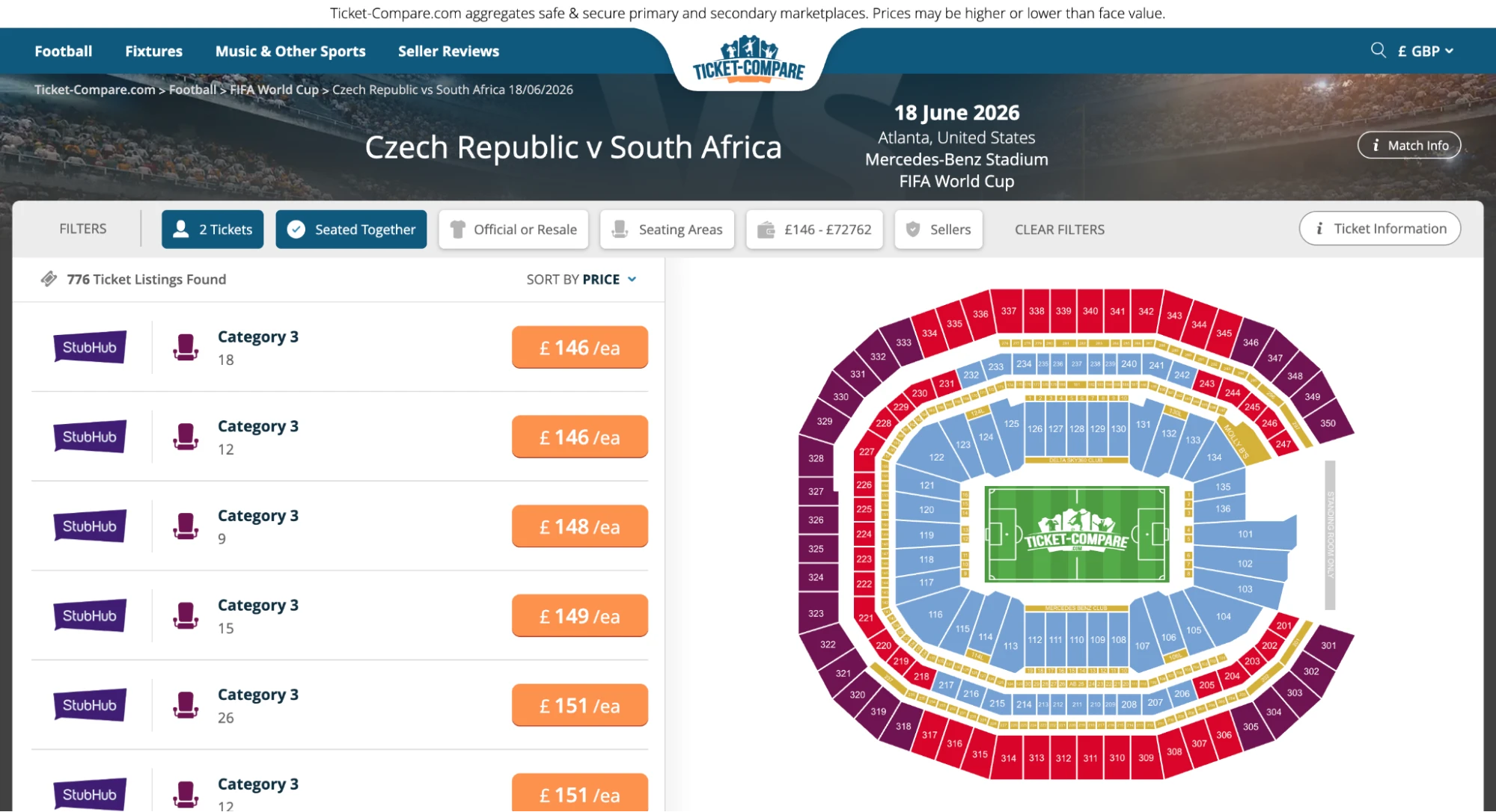 Screenshot der Ticketseite zu Tschechien gegen Südafrika