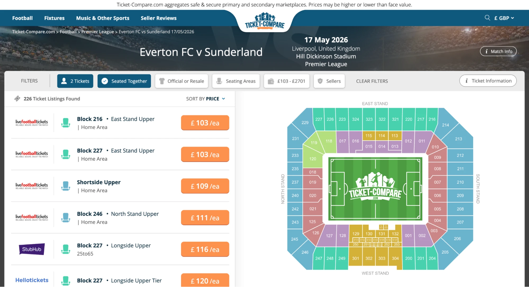 Screenshot der Everton v Sunderland Tickets-Übersicht