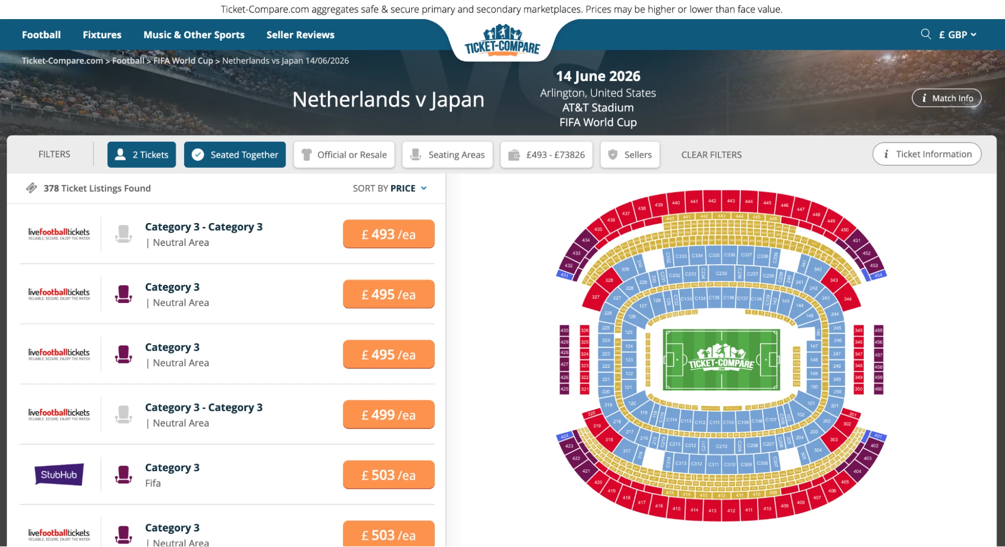 Screenshot Niederlande gegen Japan Tickets Übersicht