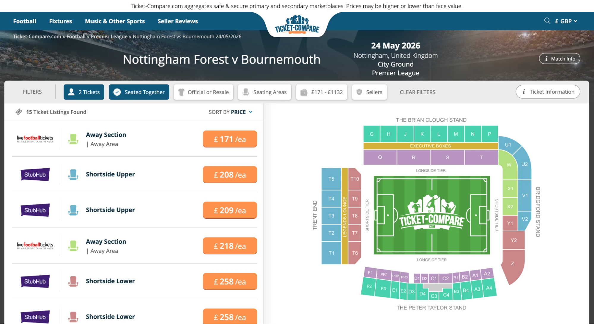 Screenshot Nottingham Forest vs. Bournemouth Tickets Übersicht