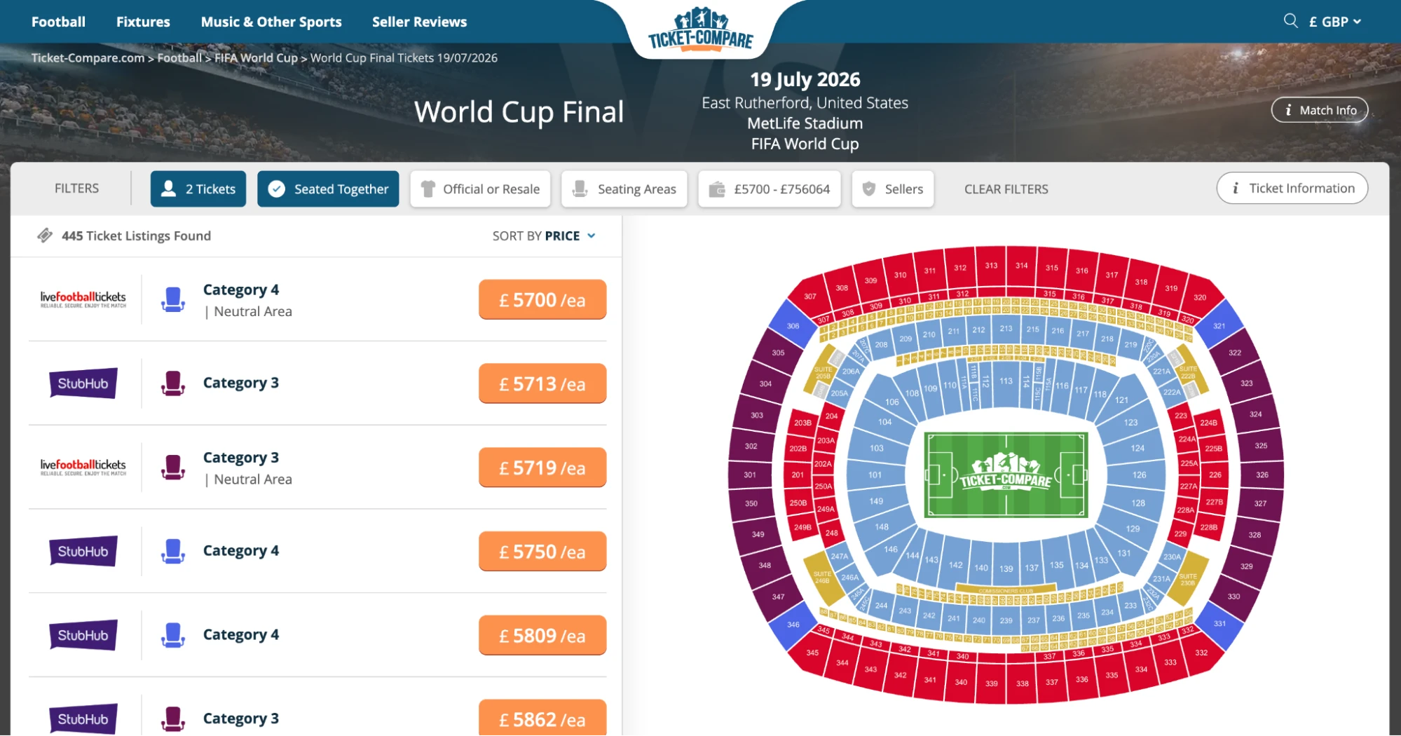 Screenshot of World Cup Final tickets page