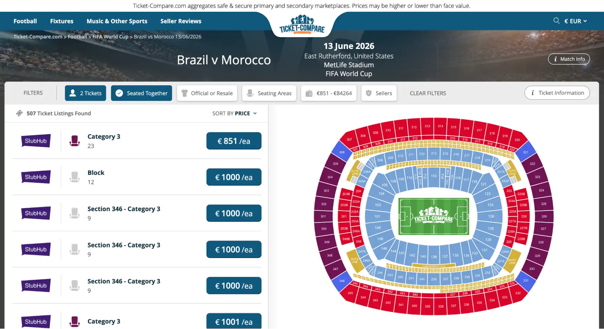 screenshot of Brazil vs Morocco match tickets page