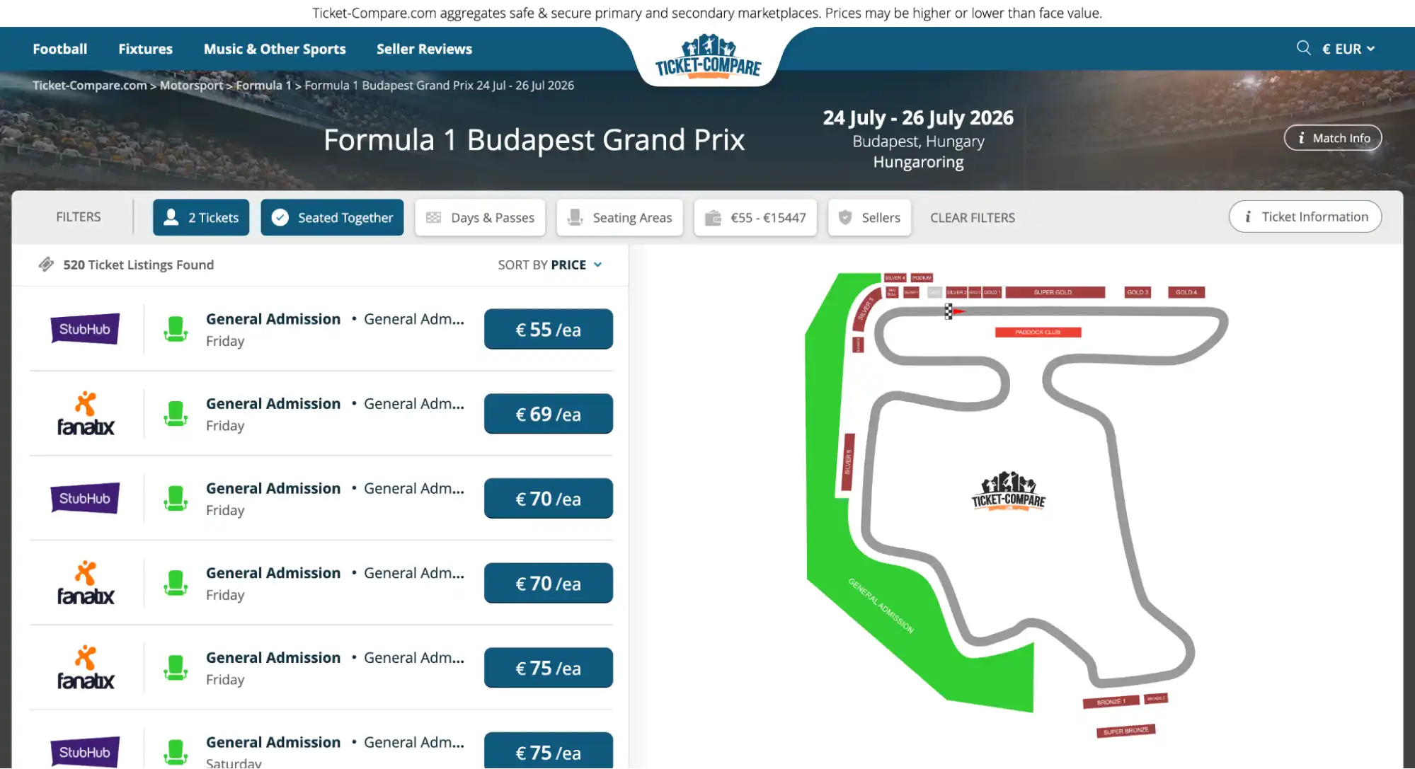 Screenshot Tickets Seite Ungarn Grand Prix