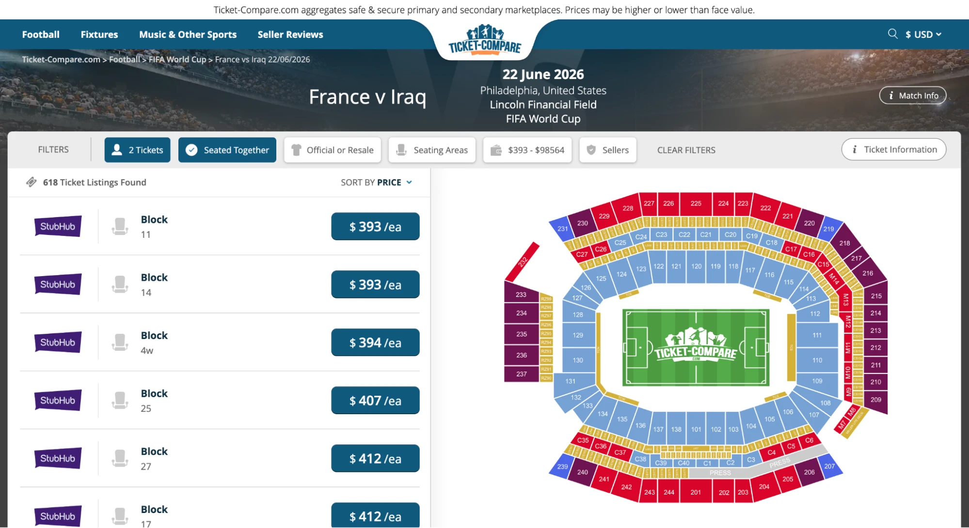 screenshot of France vs Iraq match tickets page