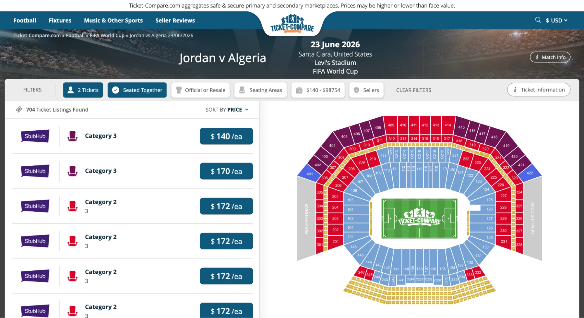 screenshot of Jordan vs Algeria match tickets page on ticket-compare.com
