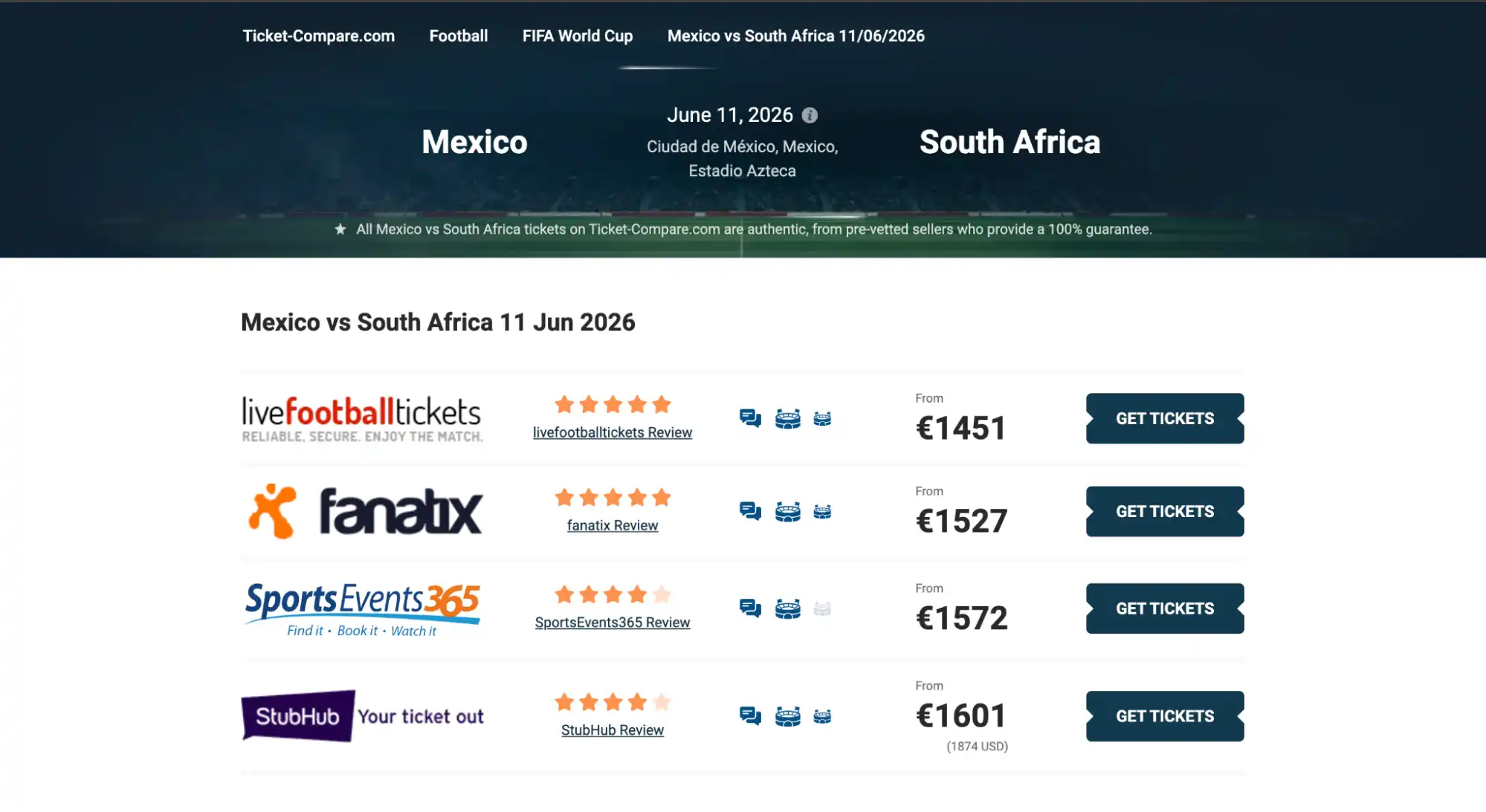 Screenshot der Mexico vs South Africa Tickets Übersicht