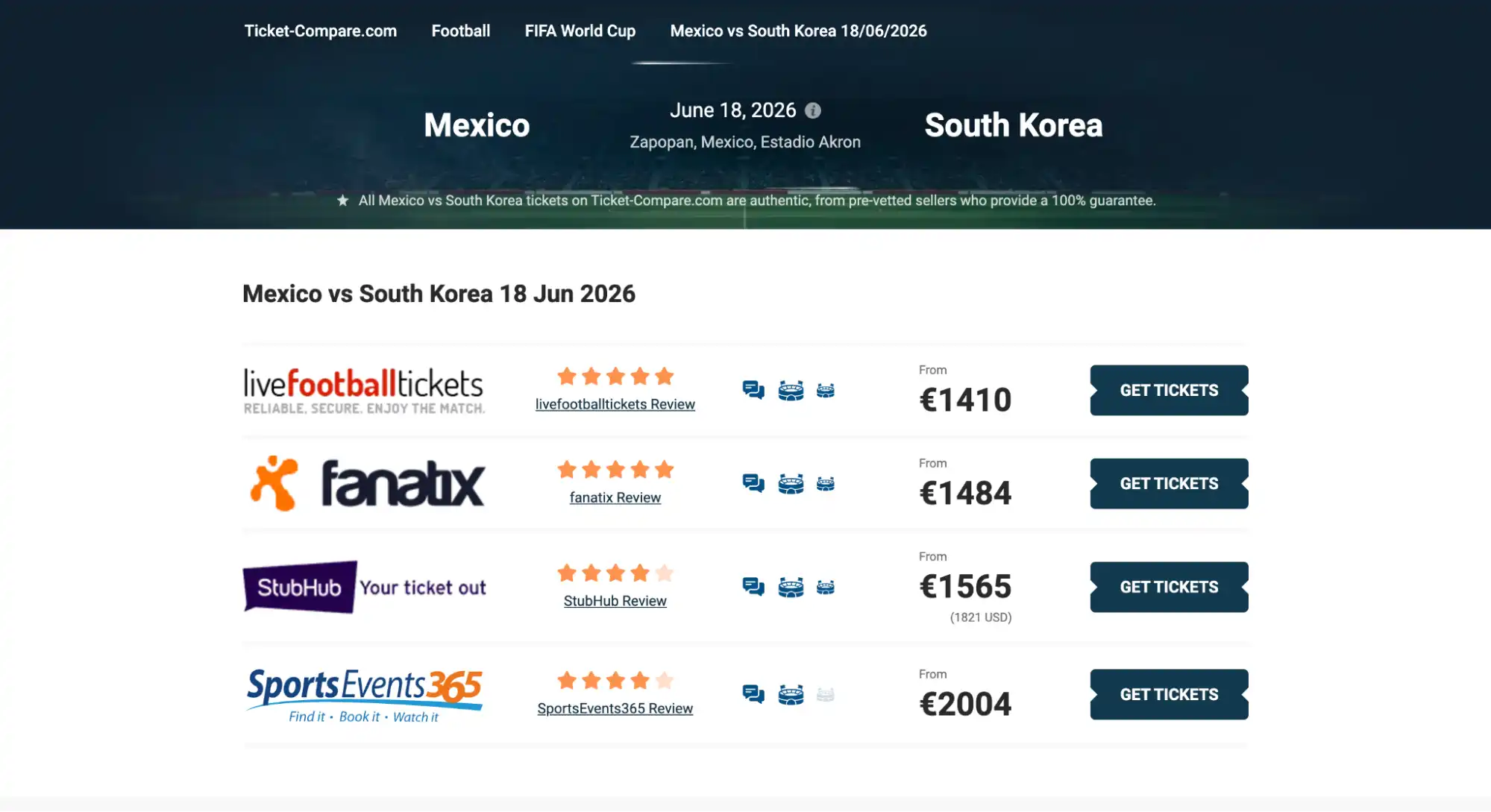 Screenshot Tickets Mexiko vs Südkorea