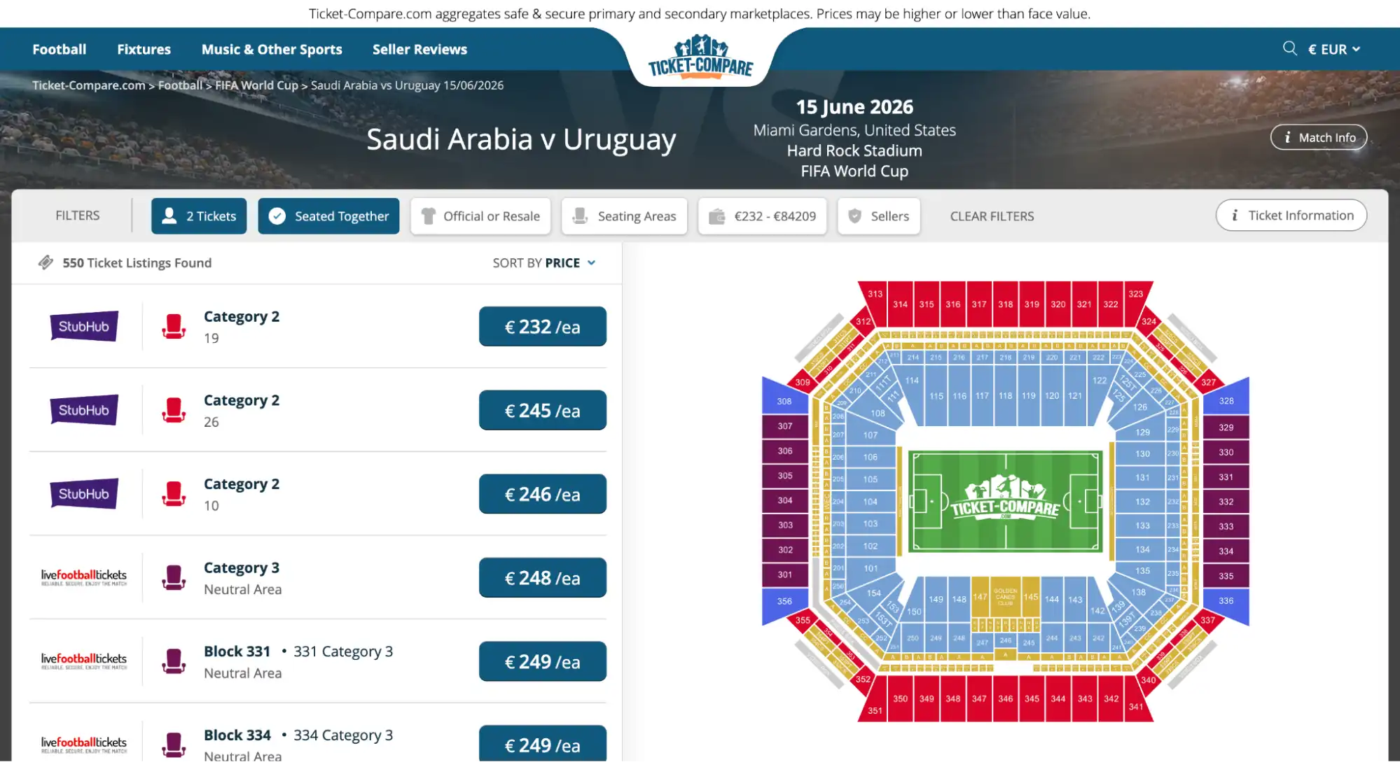 screenshot of Saudi Arabia vs Uruguay match tickets page