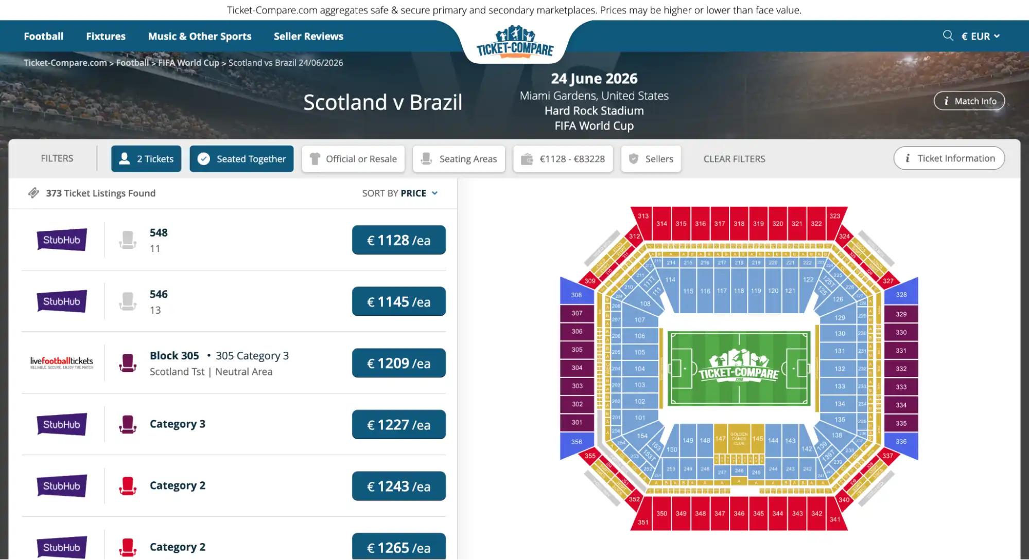 screenshot of Scotland vs Brazil match tickets
