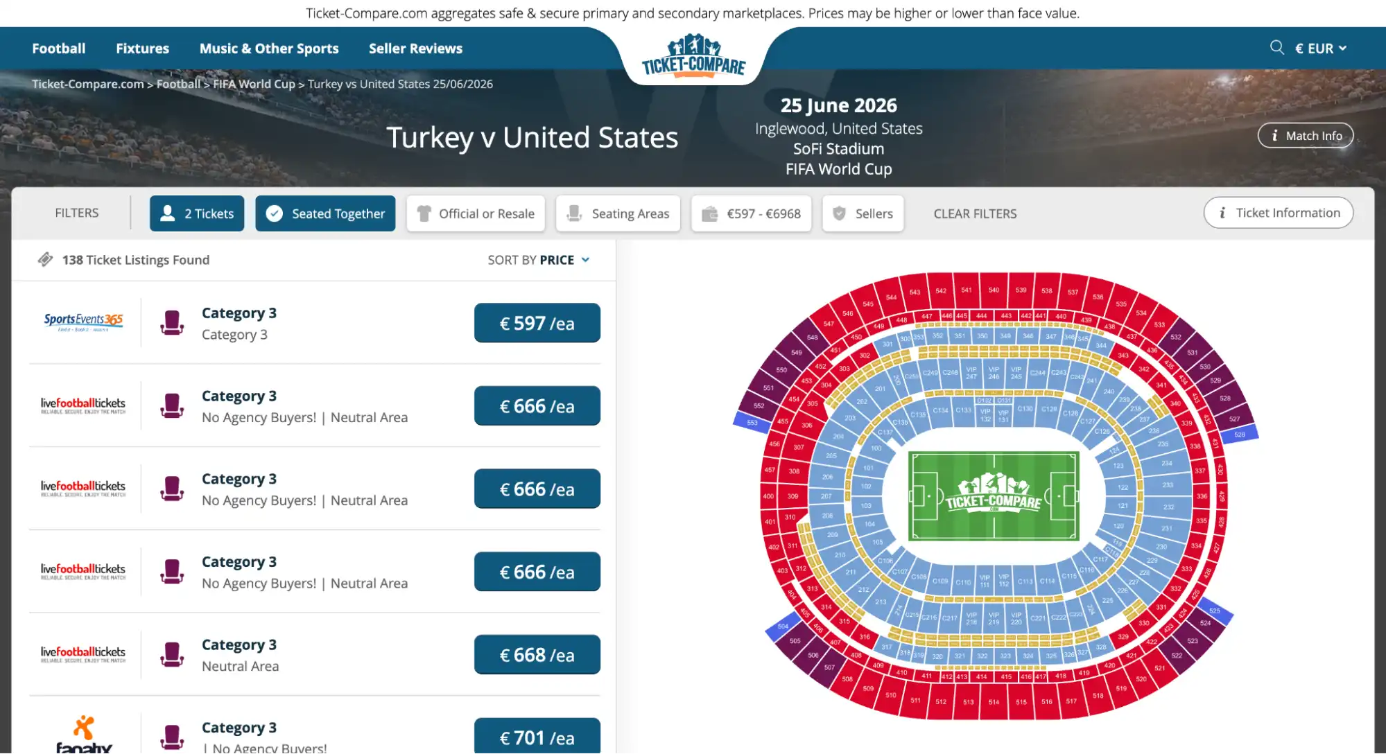 screenshot of Turkey vs United States match tickets page on ticket-compare.com