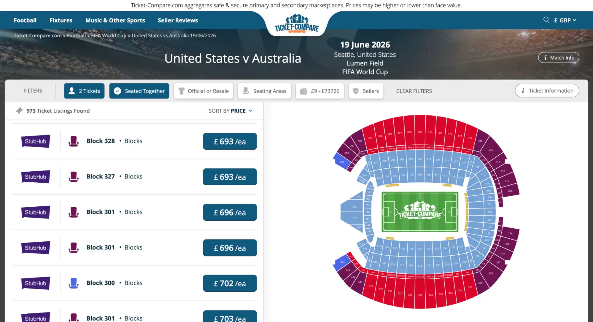 screenshot der United States vs Australia Ticketübersicht