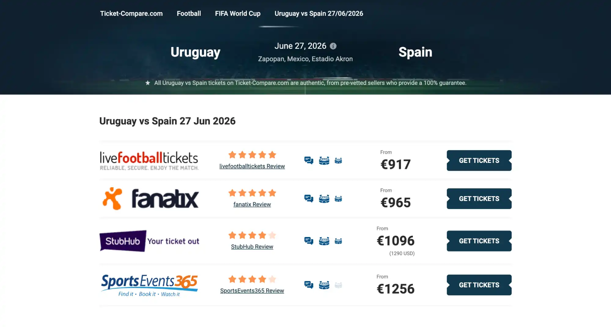 Screenshot Uruguay vs Spanien Tickets