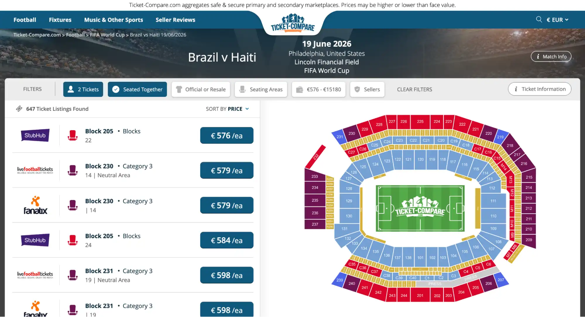 screenshot Brazil vs Haiti tickets Seite