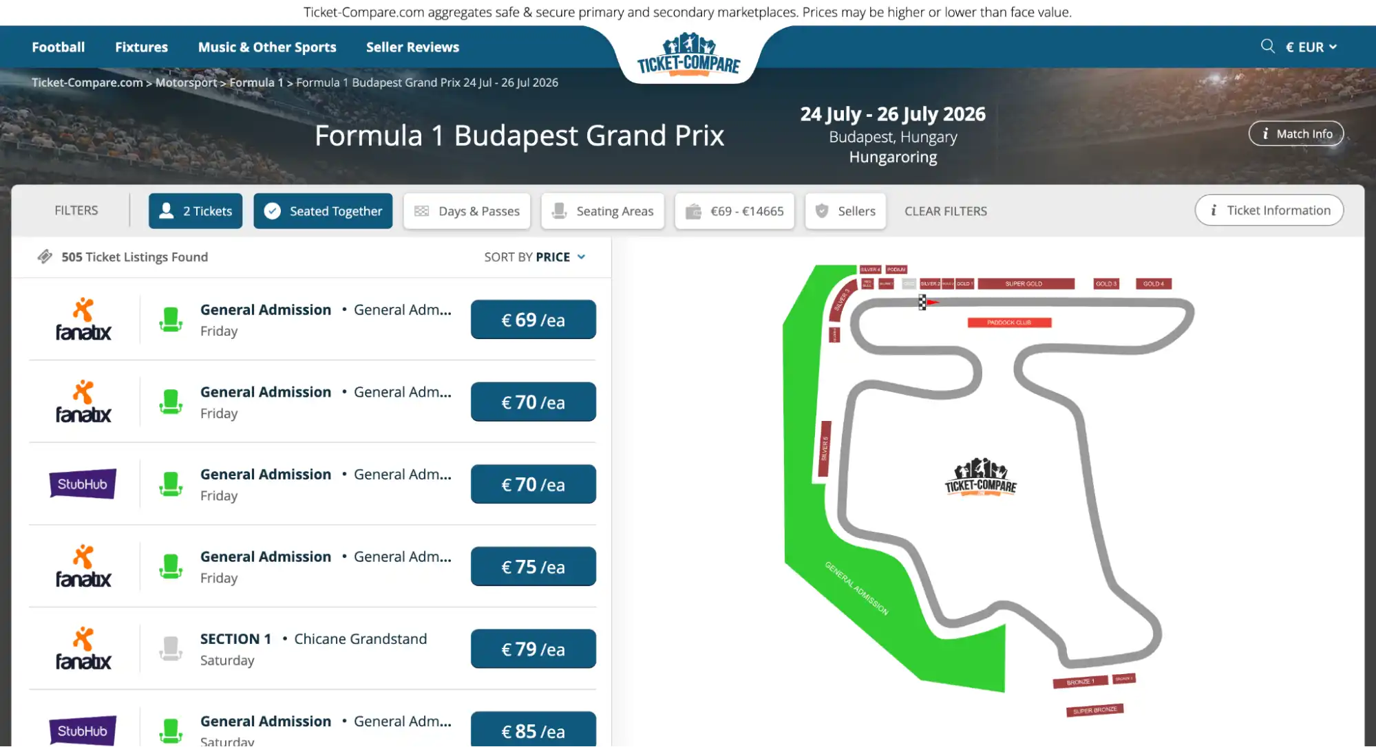 Screenshot F1 Budapest Grand Prix Tickets Übersicht
