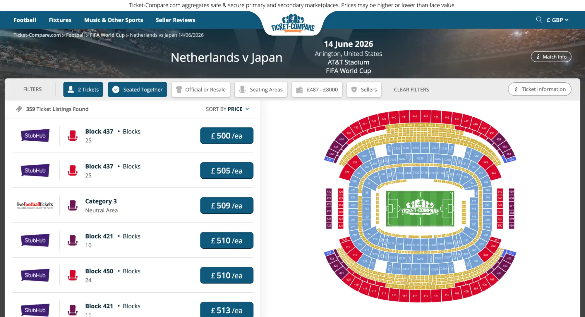 screenshot of Netherlands vs Japan match tickets page on ticket-compare.com