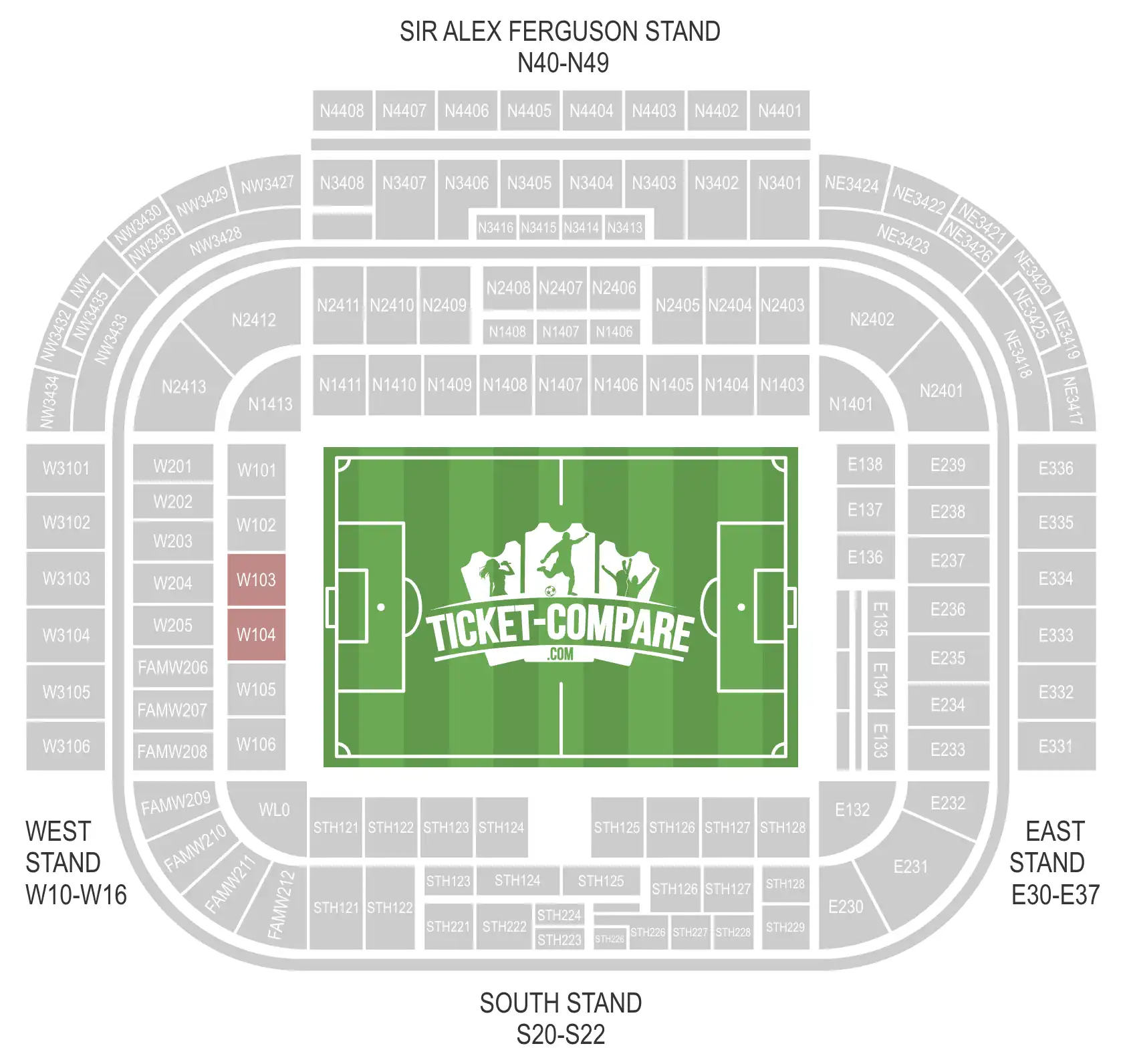 Screenshot Sitzplan Old Trafford mit W103 und W104