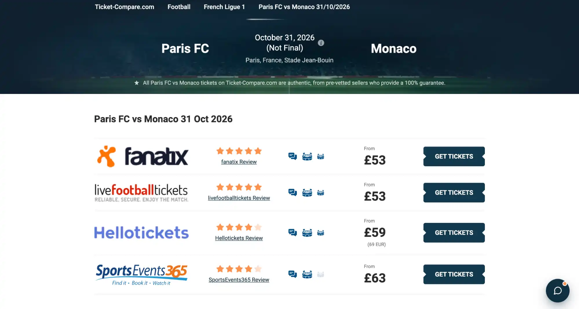 screenshot of Paris FC vs Monaco tickets page on Ticket-Compare.com