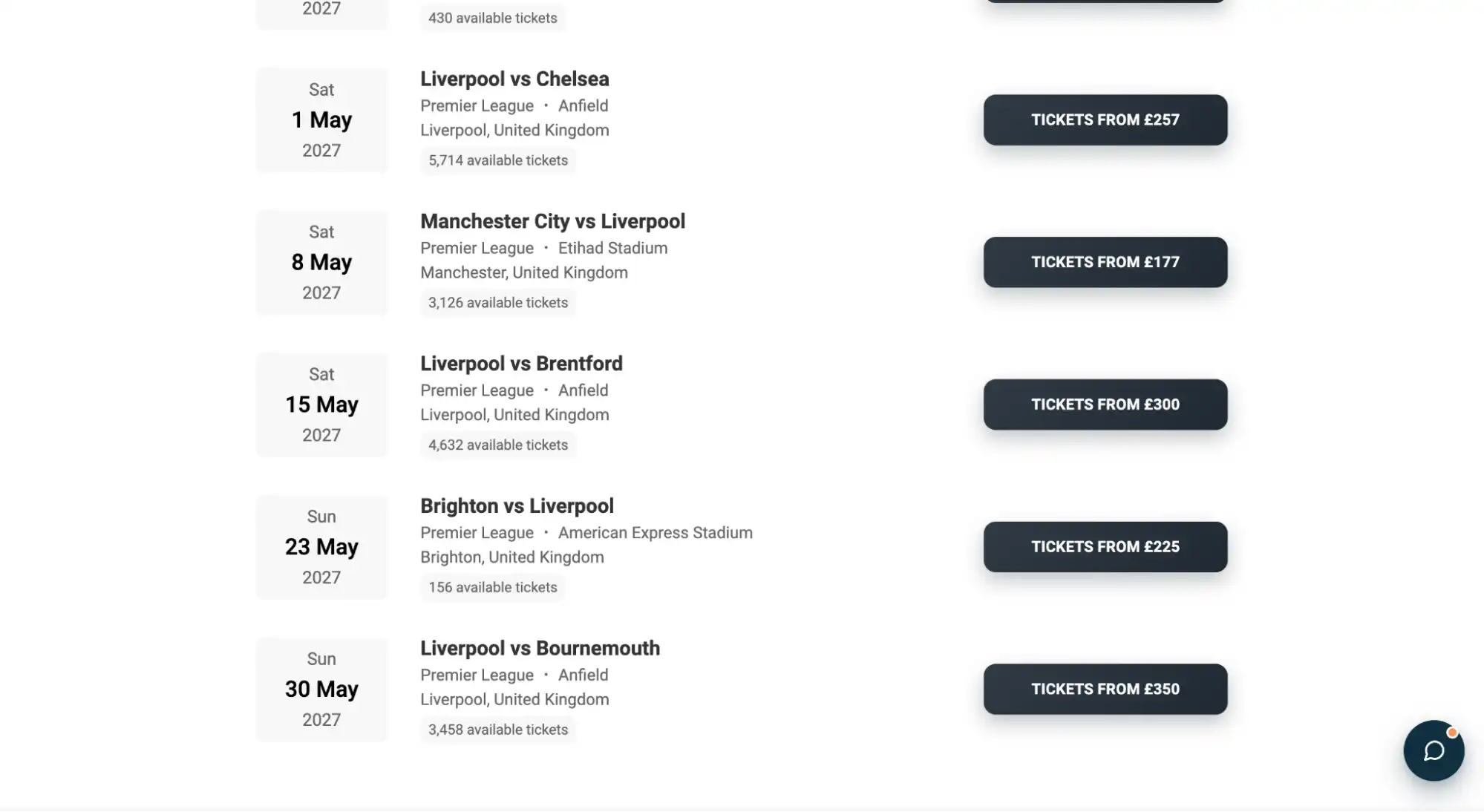 screenshot of Premier League tickets page on Ticket-Compare.com