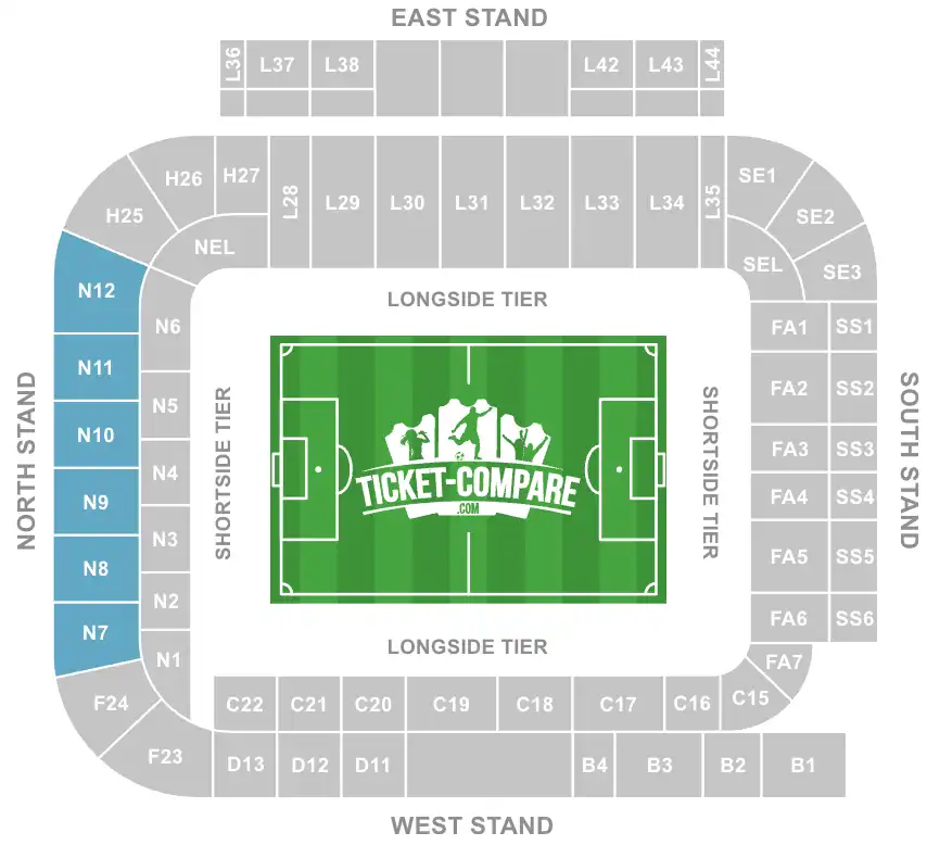 Screenshot von Elland Road Sitzplan mit N7-N12 Blöcken hervorgehoben