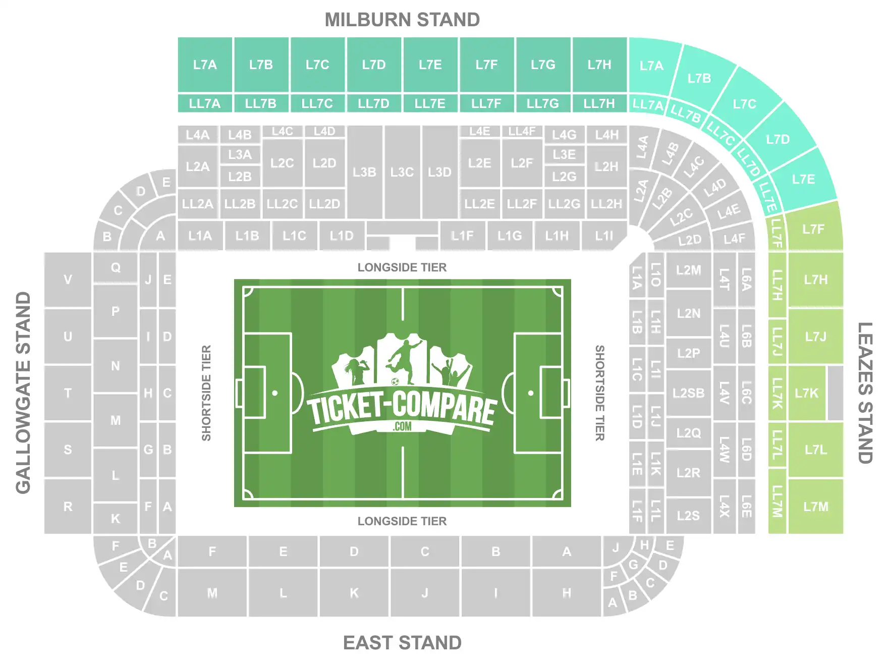 Screenshot des St. James’ Park Sitzplans mit L7 und LL7 hervorgehoben