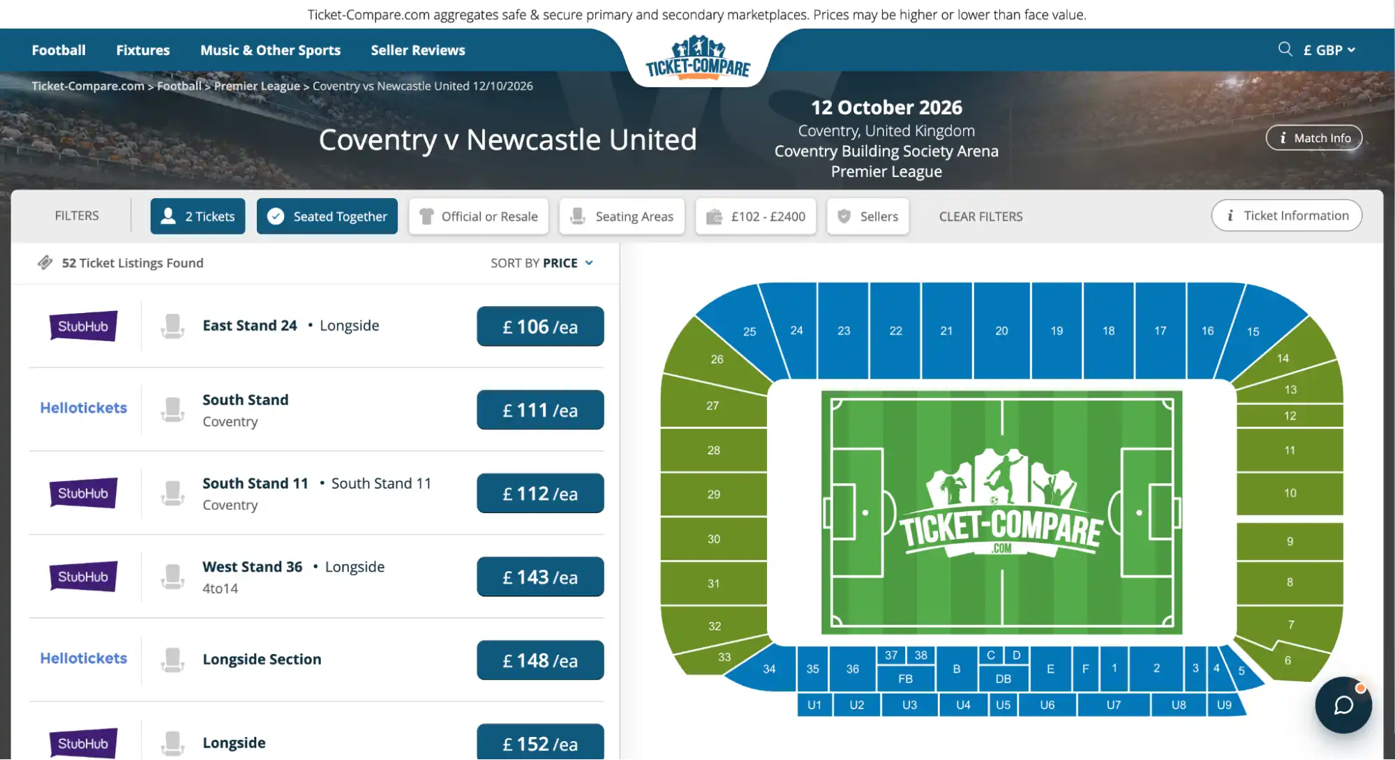 Screenshot Coventry v Newcastle United Ticketseite
