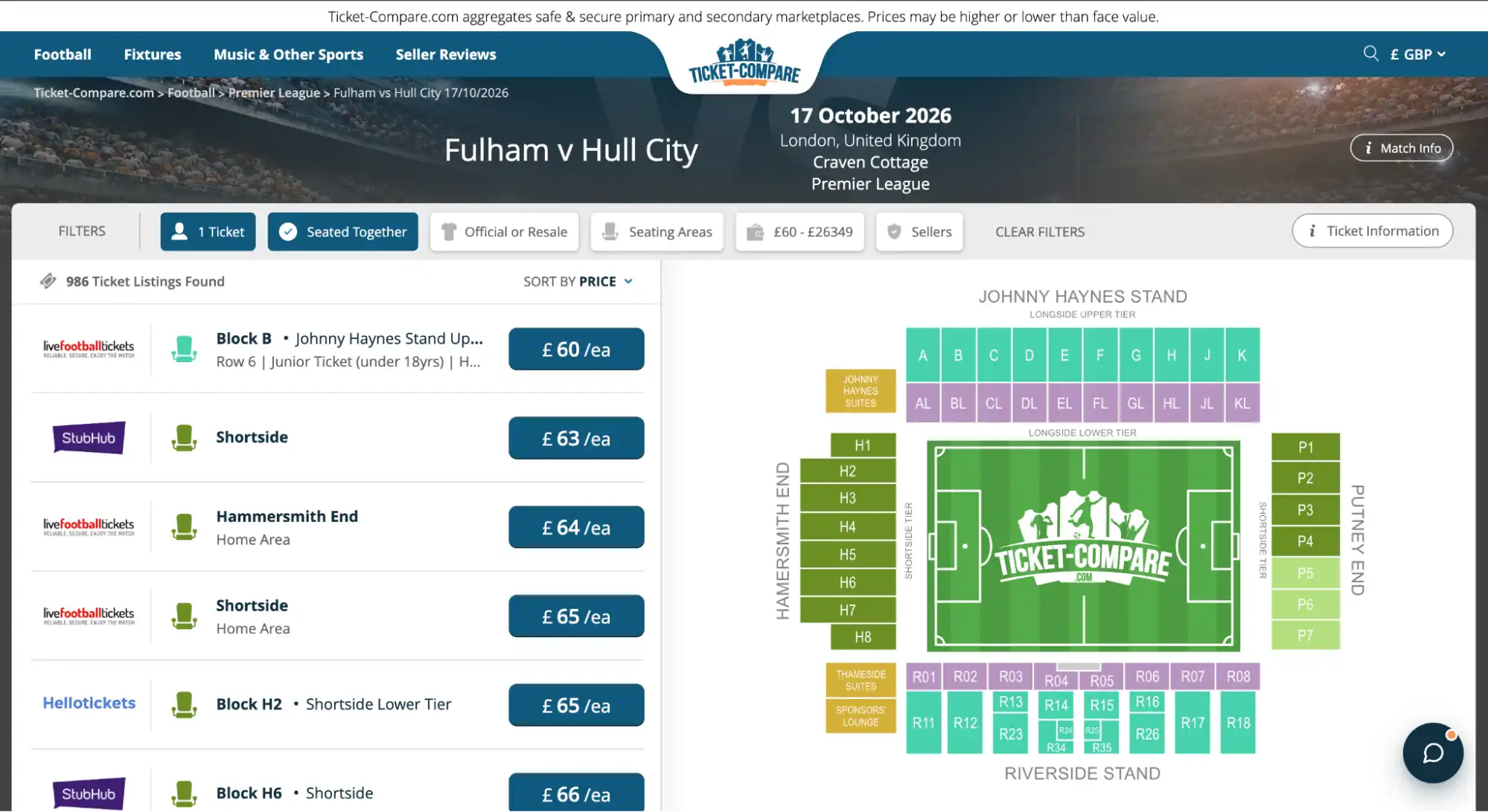 screenshot of Fulham v Hull City tickets page