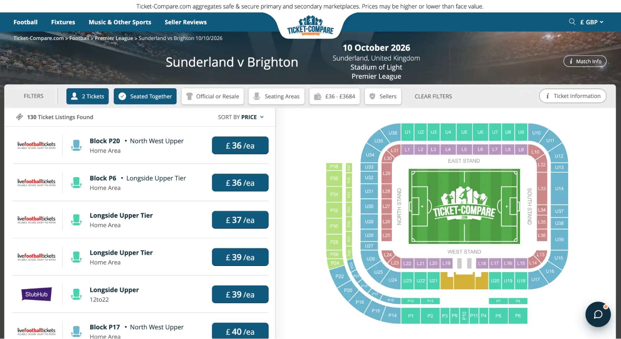 screenshot of Sunderland v Brighton tickets page